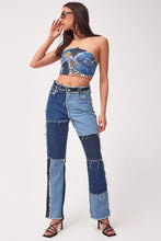 Load image into Gallery viewer, Patchwork Denim Printed Chain Halterneck Top
